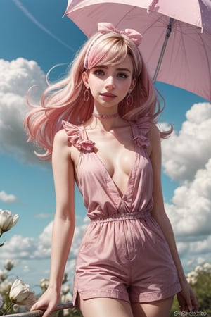 Powerpuff Girls Inspired Character; (emma roberts1), hyperbolic, Cute, Beautiful, Highly Surreal beautiful woman, vibrant pink streaks in bright white flowers striking a painting by Antonio João Gregorio Luca Gonzalez-Lopez digital photograph of female trending on WikiCommittee Photorealistic Abstract Woman centered image, cute romper, clouds, cotton candy