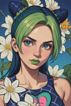 Powerpuff Girls Inspired Character; hyperbolic, Cute, Beautiful, Highly Surreal beautiful woman, vibrant green streaks in bright white flowers striking a painting by Antonio João Gregorio Luca Gonzalez-Lopez digital photograph of female trending on WikiCommittee Photorealistic Abstract Woman centered image