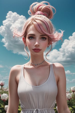 Powerpuff Girls Inspired Character; (emma roberts1), hyperbolic, Cute, Beautiful, Highly Surreal beautiful woman, vibrant pink streaks in bright white flowers striking a painting by Antonio João Gregorio Luca Gonzalez-Lopez digital photograph of female trending on WikiCommittee Photorealistic Abstract Woman centered image, cute romper, clouds, cotton candy