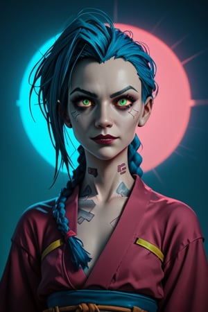 score_9, score_8_up, score_7_up, cinematic photo, dramatic lighting, dynamic pose, woman in kimono, cyberpunk, yellow_sun, teal background, , Cyberpunk Fantasy,jinx (league of legends),3D