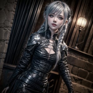 1girl,solo,20yo,beautiful face,silver hair, long hair,(braid :0.4),black armored with gothic dress, realistic, cinematographic, photorealistic