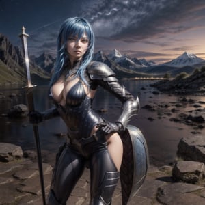 european 1girl,solo,20yo,beautiful face,long bob blue hair, long straight hair,(braid :0.4),metalic blue and black armor fitted to the body, brave expression, action pose holding a sword with two hands, mountains at night background