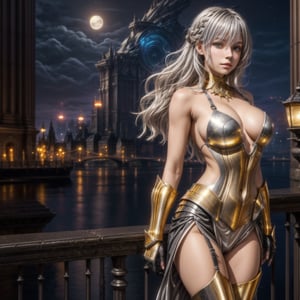 european 1girl,solo,20yo,beautiful face,silver and gold hair, long hair,(braid :0.4),gold,silver and black armor fitted to the body,fantasy, glowing night city background