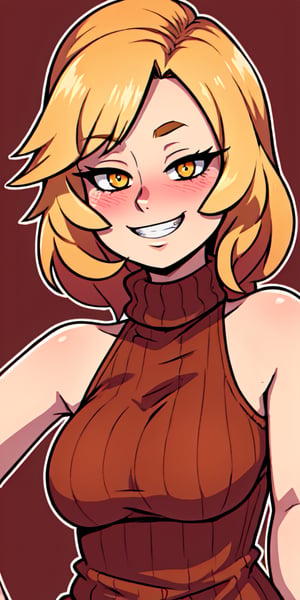 masterpiece,best quality,detailed faces and eyes,1girl, orange_shirt, solo, long_blonde_hair, smile, sweater, turtleneck, ribbed_sweater, blush, sleeveless, orange_sweater, looking_at_viewer, brown_eyes, outline, same hairstyle, upper_body, bare_shoulders, grin, sleeveless_turtleneck, yellow_eyes,cartoon 
