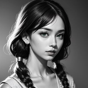 Protrait, photograph, androgynous hunnuman, oval jaw, delicate features, beautiful face, dreadlocked hair, long bangs, long ponytail, bright blue-green eyes, hindu art, Korean,monochrome