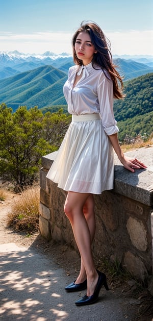 1girl, blue eyes, long hair, vintage skirt, white_blouse, long legs, hispanic,ideal  lighting , background of mountain hinking view,perfecteyes,