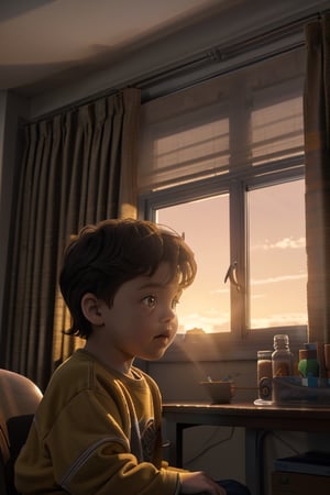 (solo),  (,8k,  masterpiece,  top quality,  best quality and aesthetic:1.2,  professional illustrasion:1.1,  ultra detail:1.3,  perfect lighting),  extremely detailed,  highest detailed,  incredibly absurdres,  highres,  ultra detailed,  intricate:1.6,  (((Little boy))), watching the window, bright room, toys in the room, looking under the window, serene vibe, Detailed window, nature in the window, natural light, sunlight through the window, (((big curtains, curtains in the wind))), (((Late afternoon lighting))), Ultra detailed room, (((realistic))), (((sunset lighting)))