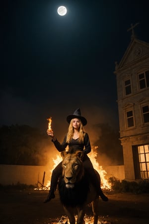 A 18 year old hot blonde girl riding on lion, wearing witch hat, holding a fire stick on right hand, pistol in left hand, in front of haunting three storeyed building, in dark night with full moon and shining star.