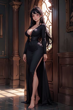 real,princess, crown, atmospheric scene,  masterpiece,  best quality,  (detailed face,  detail skin texture,  ultra-detailed body),  (cinematic light:1.1),    ,  r0seb7rne-smf,  solo,  realistic,  long hair,  lips,  red eyes,  looking at viewer,  black hair,  upper boddy, naked, nudity, barefoot, in Public, castle background, smile,  long black dress,  big breasts, 
