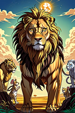 Once upon a vast savannah, a majestic lion named Leo ruled with both might and benevolence. His magnificent mane glistened under the golden African sun, a symbol of his prowess. In the same realm, a community of mice lived harmoniously, aware of the lion's dominion but living mostly unnoticed.