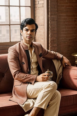 Rajkummar Rao take tea on gorgeous sofa,   half of background in window and other background in bricks.