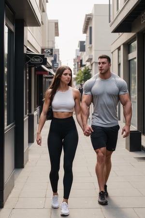 A young woman walking with a muscular guy, in front view,  in street. 