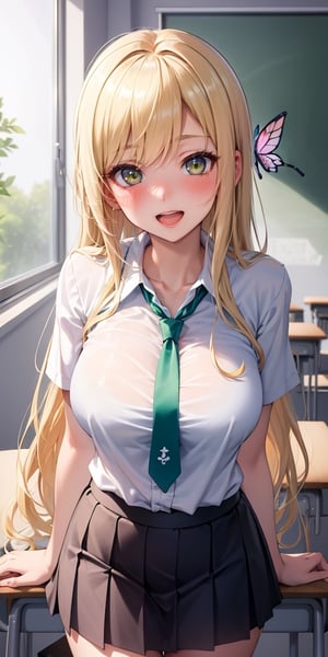 (best quality:1.1), (masterpiece:1.4), (absurdres:1.0), portrait, 1girl, kashiwazaki sena, butterfly_hair_ornament, blonde_hair, long hair, school uniform, large breasts, looking at viewer, classroom, open_mouth, (blush:1.2), happy, green necktie, 
,perfecteyes