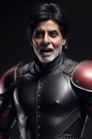 The face of Amitabh Bachchan , wearing a armour tech, in black color, the center of is chest, red, roaring, his mouth with fangs, and red eyes