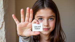 Raw photo, realistic photo, 1 girl, tween, 7-11yo, pretty, She holds out her hand to the side of her face, not obscuring her beautifully detailed face, Her hand has five fingers holding a piece of paper between thumb and finger that reads "Like and Follow", Extremely detailed and Pretty.