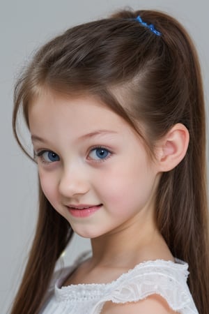 (8k, masterpiece, best quality, high res), little girl, long hair, ((hair pulled back hairstyles)), pale blue eyes, , brown hair with blue steaks,  smile,(closed mouth:1.2) , delicate eyes, delicate face, hair accessories,focus, portrait, 7-year-old-tween