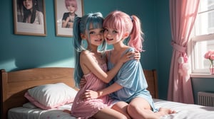 Two cute children caught in a loving embrace on a large bed, The two 8 year old girls are beautiful with realistic faces with cute Smiles, Colour contact lenses, perfect skin, A mix of Pink and Blue hair with a ponytails,Blunt bangs, bright colourful bedroom, nipples, from front, little_cute_girls, tweens, wearing a loose nighties, flat chested. The walls are lined with children's pictures, upskirt.