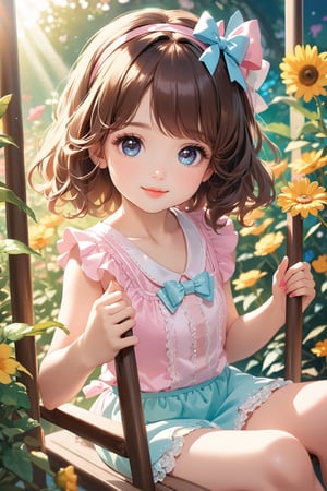 (best quality, highres), long brown hair,bow on head,girl,beautiful detailed eyes,beautiful detailed lips,long eyelashes,soft facial features, cute smile, looking at, flower garden background, sitting on a swing, vibrant colors,pleasant lighting,artistic rendering,(The cutest girl in the world:1.5),