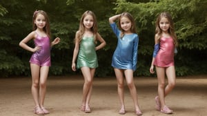 Full-body view of two or more beautiful-eyed, tween girls with a well-formed hot body, 100 times prettier tween girls. Hot childish outdoor unique one-of-a-kind style Fashion wear. Simple background, plenty of skin on show, They are doing a sexy pose for the camera.