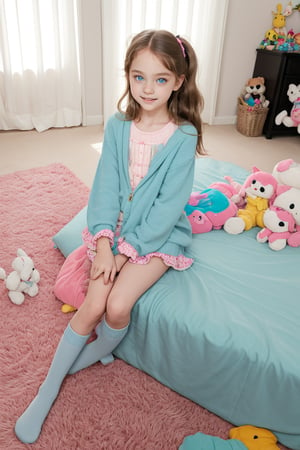 A quiet Afternoon at home. The 8-year-old tween Girl is surprised by Spontaneous Shot in her natural habitat. the camera captures a carefree moment. playfulness. surrounded by scattered plush toys and clothing scattered across the floor. She wears very colourful and sexy clothing and has natural pale blue eyes. Childlike charm.