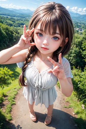 (best quality),(masterpiece:1.1),(extremely detailed CG unity wallpaper:1.1), (colorful cloth :1.3),(panorama shot:1.4),looking at viewer, from above, high res, detailed face, detailed eyes, 1 girl, solo, short-bob roughtly cut and two braided hair-bangs tied behind her head, cute hairstyle, full body, mountain forest , outdoors, (perfect fingers :1.4), perfect face, five fingers for each hand, (photo shoot pose :1.4), fantasy,Exquisite face