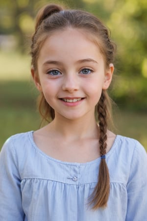 (8k, masterpiece, best quality, high res), little girl, long hair, ((hair pulled back hairstyles)), pale blue eyes, , brown hair with blue steaks,  smile,(closed mouth:1.2) , delicate eyes, delicate face, hair accessories,focus, portrait, 7-year-old-tween