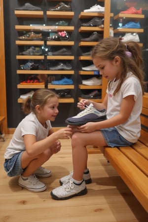 photograph, 8k, HDR, best quality, a girl, squatting, with a shoe in her hand, trying on shoes on another girl, sitting on a bench, inside a shoe store, short skirts,