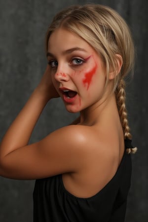 HALLOWEEN MAKEUP, young br1tn3y girl, blond hair braided. standing looking back, portrait, She is wearing Halloween-themed clothing and makeup and looks scary, She pulls a scary face to the viewer.