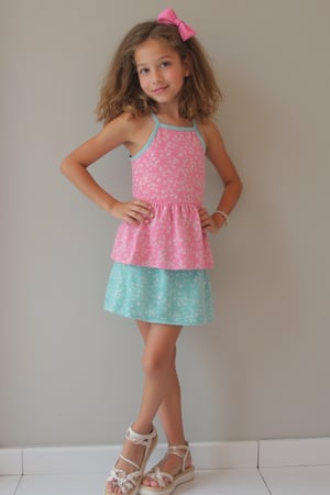 A young girl, around 11 years old, with a petite build and a mini-style, stands in alluring pose and the legs are slightly open. childish colorful wear