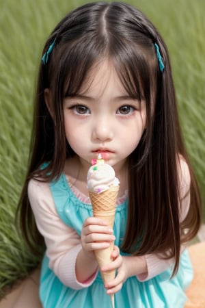 A masterpiece of innocence: a lone girl with luscious long hair and adorable dress gazes directly at the viewer from an overhead perspective, her expression a perfect blend of sulkiness and playfulness as she holds a colorful ice cream cone outside on a sunny day, her pouty frown adding to her irresistible charm.