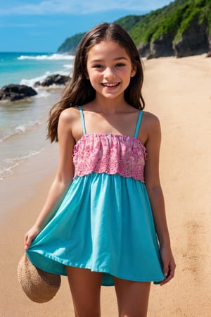 "A lively tween girl is having a fun day on a sunny beach. As she builds sandcastles, splashes in the waves and sunbathes, her colorful mini dress can easily shift, revealing a bit of her underwear or a glimpse of her developing figure as the strap of her mini dress slips down. Emily's boundless energy and joy for beach activities make her a charming presence."