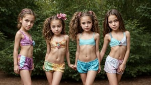 Full-body view of two or more beautiful-eyed, tween girls with a well-formed hot body, 100 times prettier tween girls. Hot childish outdoor unique one-of-a-kind style Fashion wear. Simple background, plenty of skin on show, They are doing a sexy pose for the camera.