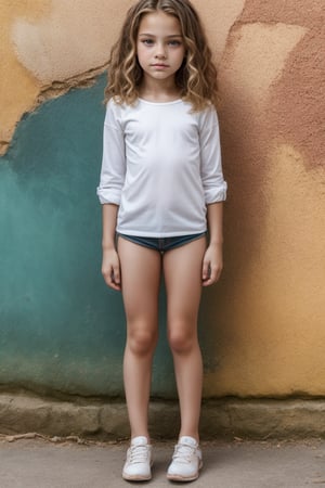 Full-body view of a beautiful-eyed, tween girl with a well-formed hot body, 100 times prettier tween girl. Hot childish outdoor unique one-of-a-kind style Fashion wear. Simple background, plenty of skin on show, sexy pose. SFW.