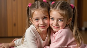 Two tween girls aged between 7 and 9 in a loving embrace. A childish, alluring style loving each other's company. The background is a warm loving environment. "Please Like" is written somewhere in the scene.