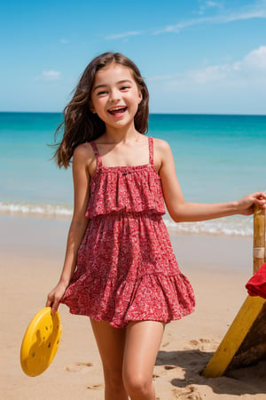 "A lively tween girl is having a fun day on a sunny beach. As she builds sandcastles, splashes in the waves and sunbathes, her colorful mini dress can easily shift, revealing a bit of her underwear or a glimpse of her developing figure as the strap of her mini dress slips down. Emily's boundless energy and joy for beach activities make her a charming presence."