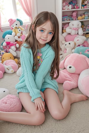 A quiet Afternoon at home. The 8-year-old tween Girl is surprised by Spontaneous Shot in her natural habitat. the camera captures a carefree moment. playfulness. surrounded by scattered plush toys and clothing scattered across the floor. She wears very colourful and sexy clothing and has natural pale blue eyes. Childlike charm.