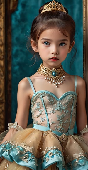 In a soft, golden light, a majestic 7-year-old girl stands out against an enakorin-hued backdrop, her eyes sparkling like Cyan Topaz gemstones. Framed from below, the camera captures her voluminous skirt, partially revealing lace panties beneath layered tulle. Baroque-inspired attire shines with intricate embroidery and brooches, while a cameo choker, miniature top hat, and lace gloves add whimsical touches. Her legs, smooth as silk, exude elegance and playfulness in the full-body shot, showcasing her delicate pose and lingerie details.