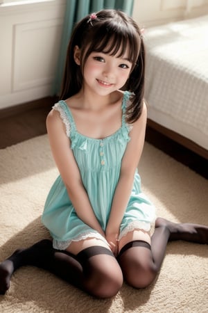 A masterpiece of innocence and charm: a cute loli girl sits proudly in a low-angle shot, her smile beaming as she showcases her short dress and matching stockings. The camera captures the intimacy of her pose, framing her from directly above to accentuate her youthful beauty. A hint of underwear peeks through the dress, adding to the allure. Her kawaii expression radiates warmth and friendliness.