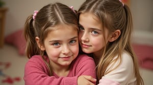 Two tween girls aged between 7 and 9 in a loving embrace. A childish, alluring style loving each other's company. The background is a warm loving environment.