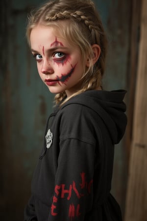 HALLOWEEN MAKEUP, young br1tn3y girl, blond hair braided. standing looking back, portrait, She is wearing Halloween-themed clothing and makeup and looks scary, She pulls a scary face to the viewer.