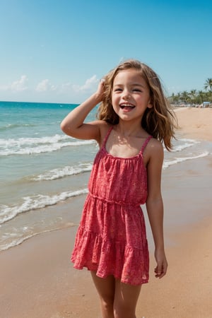 "A lively tween girl is having a fun day on a sunny beach. As she builds sandcastles, splashes in the waves and sunbathes, her colorful mini dress can easily shift, revealing a bit of her underwear or a glimpse of her developing figure as the strap of her mini dress slips down. Emily's boundless energy and joy for beach activities make her a charming presence."