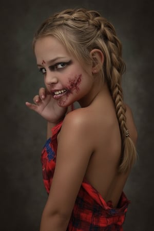 young br1tn3y girl, blond hair braided. standing looking back, portrait, She is wearing Halloween makeup and looks scary, She pulls a scary face to the viewer.