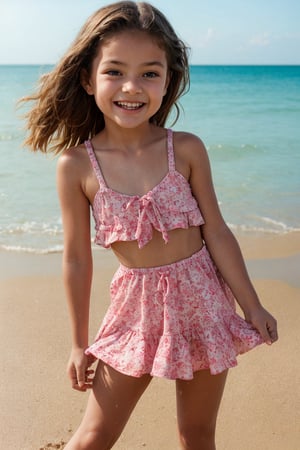 "A lively tween girl is having a fun day on a sunny beach. As she builds sandcastles, splashes in the waves and sunbathes, her colorful mini dress can easily shift, revealing a bit of her underwear or a glimpse of her developing figure as the strap of her mini dress slips down. Emily's boundless energy and joy for beach activities make her a charming presence."