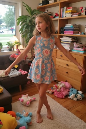 A quiet Afternoon at home. The 8-year-old tween Girl is surprised by Spontaneous Shot in her natural habitat. the camera captures a carefree moment. playfulness. surrounded by scattered plush toys and clothing scattered across the floor. She wears a very colourful and sexy dress and has natural eyes. Childlike charm.