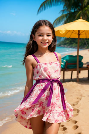 "A lively tween girl is having a fun day on a sunny beach. As she builds sandcastles, splashes in the waves and sunbathes, her colorful mini dress can easily shift, revealing a bit of her underwear or a glimpse of her developing figure as the strap of her mini dress slips down. Emily's boundless energy and joy for beach activities make her a charming presence."