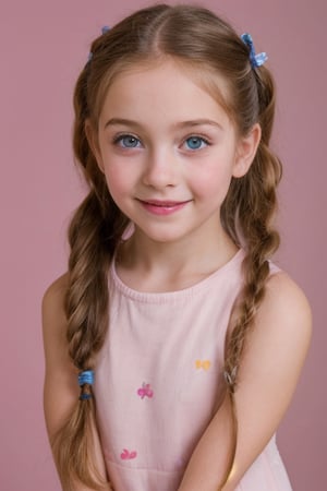 (8k, masterpiece, best quality, high res), little girl, long hair, ((hair pulled back hairstyles)), pale blue eyes, , brown hair with blue steaks,  smile,(closed mouth:1.2) , delicate eyes, delicate face, hair accessories,focus, portrait, 7-year-old-tween