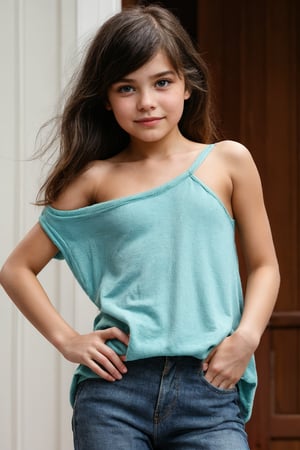 A vibrant snapshot of a youthful beauty! A tiny-titted tween girl with well-formed body and soft textile casual wear,alluring shoulder slip.