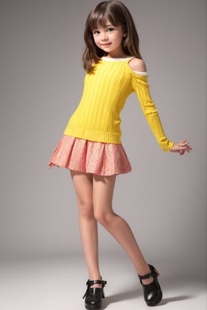 A young girl, around 11 years old, with a petite build and a mini-style, stands in alluring pose and the legs are slightly open. childish colorful wear 