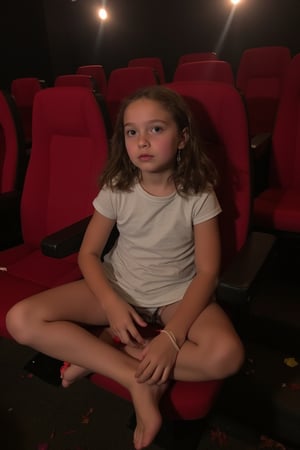 In a Movie Theater Description: A tween girl with eyes with contacts is seated in the front row, eyes wide in amazement, legs crossed in a relaxed position. Her dress shifts slightly, inadvertently exposing a glimpse of her underwear.