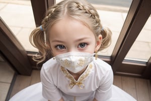 Envision a cute little girl, with blonde hair, blue eyes, ((kiss pose)), wearing 2 golden star earrings, white clothes, cheongsam with golden thread embroidery, steel chestpad, holding a face mask with the right hand, symmetrical, looking up, ((adorable expression)), full body, hair strand, Fair skin, glistening, 2 side braids, best quality, masterpiece, sharp focus, super detailed, 8k, high angle photo, close up, high contrast, (((tween, preteen, 7-year-old, 4k))), AIDA_LoRA_AnC, ((looking up her clothes))